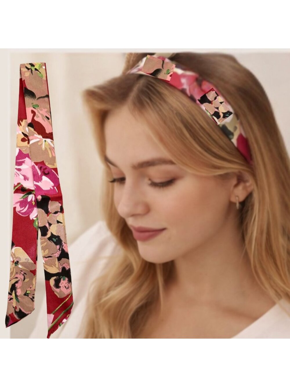 Ribbon Scarf Floral 34 Inch Rust Red Tan Satin Slim Hair Scarf Bag